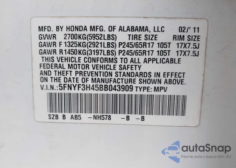 2011 Honda Pilot Ex z USA, uszkodzony, nr VIN 5FNYF3H45BB043909
